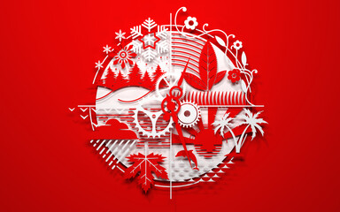 Circle of life red wallpaper. All seasons cycle symbol. Spring, summer, autumn, winter. Hands of the life clock. 3D rendering.