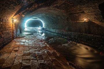 Tunnel of an old brick drainage sewer with warm light in the foreground and cold in the background...