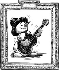 Sketch of snowman guitarist in decorative picture frame