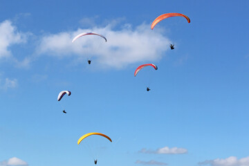 Paragliders flying wing in a blue sky