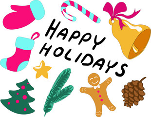 Winter holidays icons set - flat style images for winter, Christmas and New Year holidays. Bell, cone, fir branch, sock, gingerbread man, candy, lettering Happy holidays.