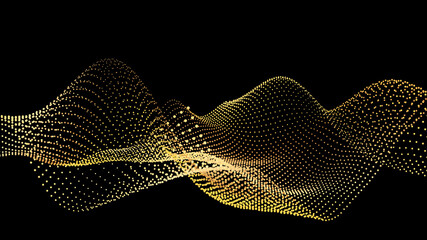 Sound wave from node. Gold interface big data flow. Copy space cover template. Vector swirl isolated flow.