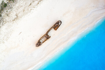 Zakynthos island Greece shipwreck Navagio beach travel vacation background drone view aerial photo