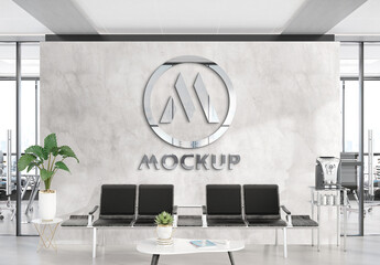 Reflective Metallic Logo on Office Wall Mockup