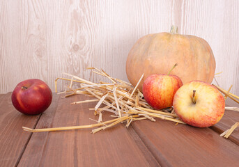 Orange pumpkin on the hay next to three red apples on a dark wooden background. autumn.