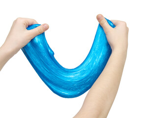 Child hand with sticky slime on white