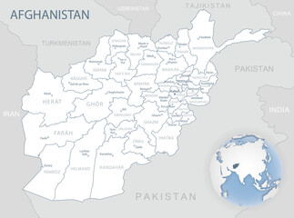 Blue-gray detailed map of Afghanistan administrative divisions and location on the globe.
