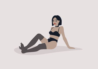 A young female character wearing black latex underwear and bright red lipstick, bdsm aesthetics