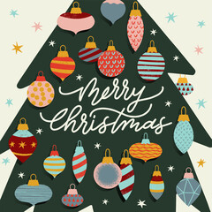 Christmas tree holiday vector illustration. Vector christmas tree with different toys
