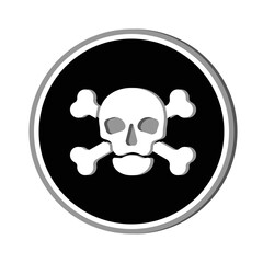 Human skull in full face and crossbones behind. Isolated illustration in flat style on the black circle. Poison sign and symbol for design. An image of danger to humans. Icon of hazard to life