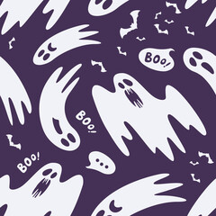 A Halloween themed background depicting ghosts with various expressions and poses. Seamlessly repeatable. Eps 8 Vector