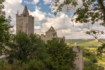 Fototapeta na wymiar Panorama of the castle ruins Rudelsburg and Saaleck in the landscape and tourist area Saale valley on the river Saale near the world cultural heritage city of Naumburg, Saxony Anhalt, Germany