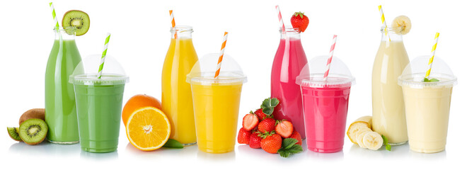 Drinks drink beverages smoothie smoothies fruit juice straw in a bottle and cup isolated
