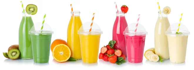 Foto op Plexiglas Drinks drink beverages smoothie smoothies fruit juice straw in a bottle and cup isolated © Markus Mainka