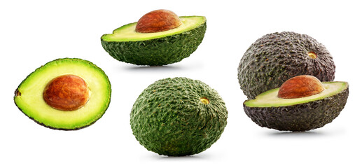 Fresh ripe avocado set isolated, full depth of field. Creamy raw vegetable design element composition, focus stacking, white background. Tasty whole and cut avocado, healthy food nutrition concept