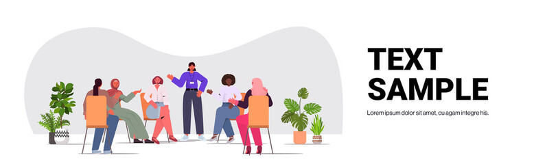 mix race women discussing during meeting female empowerment movement girl power union of feminists concept horizontal full length copy space vector illustration