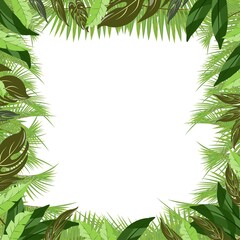 Naklejka na ściany i meble Trendy tropical palm tree branches and tropical plants leaves nature vector poster in a green light and dark colors