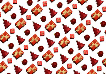 Christmas wrapping paper with a pattern of a red box tied with a white ribbon and a Christmas tree toy. Seamless pattern