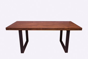 wooden lacquered table with black metal legs on white background 