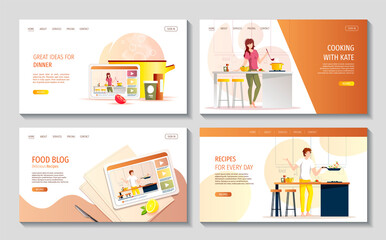 Set of web pages with people preparing food in the kitchen. Food blog, cooking, recipe, dinner, homemade food concept. Vector illustration for website, poster, banner.