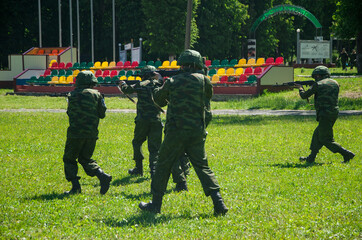 Military camp. Soldiers running