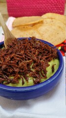 guacamole grasshoppers mexican food appetizer wooden spoon