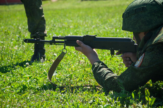 Military camp. Training of sniper. Macro of the gun