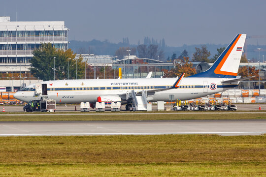 King of Thailand Rama X Maha Vajiralongkorn Royal Thai Air Force Boeing 737-800 BBJ2 airplane Munich Airport in Germany