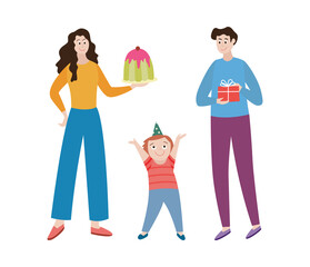 Fototapeta premium Happy mother and father celebrating birthday of kid a isolated vector illustration