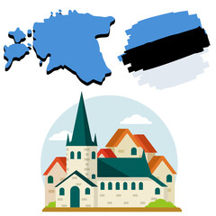 Set of national symbols of Estonia. Map of the state and a stylized flag. Tallinn tourist attraction. St. Olaf Church. Architectural landmark. Flat cartoon icon