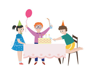 Children at birthday party with festive cake, flat vector illustration isolated.