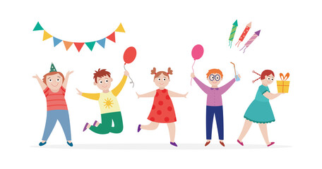 Fototapeta na wymiar Happy children at birthday party, flat cartoon vector illustration isolated.