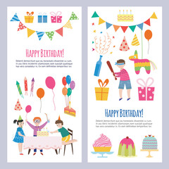 Two greeting cards with kids on celebration birthday party a vector illustration