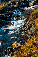 Tranquil small stream with fresh cold melting water from a glacier in the mountains.