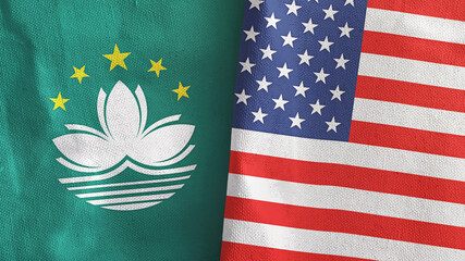 United States and Macau two flags textile cloth 3D rendering
