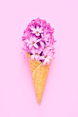 Waffle ice cream cone with pink hyacinth flower. Spring concept. Copy space, top view