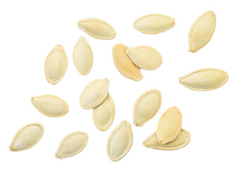Pumpkin seeds falling on a white background, isolated. Levitating Pumpkin Seeds