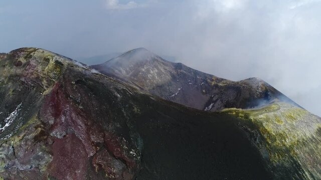 Aerial static view of Mount Etna an active stratovolcano on the east coast of Sicily Italy in the Metropolitan City of Catania it is the highest active volcano in Europe outside the Caucasus 4k