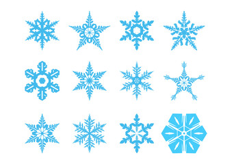 Snowflakes silhouettes. Set of twelve snowflakes. Flat vector without gradients.