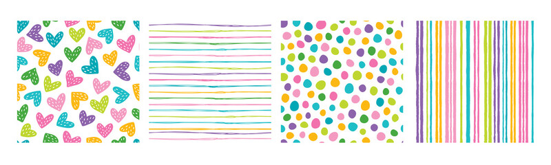 Set of simple seamless patterns with hearts, polka dots and stripes. In bright children's themed colors.