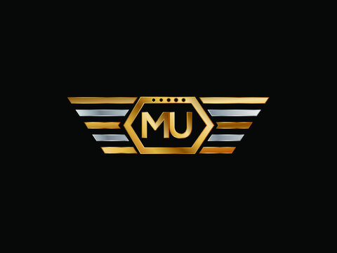 MU wing shape Initial logo letter design art logo, gold color on black background