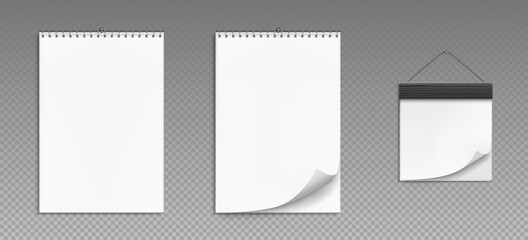 Wall calendars with spiral and wooden frame isolated on transparent background. Vector realistic mockup of tear-off calender, white paper office planner or notepad hanging on wall