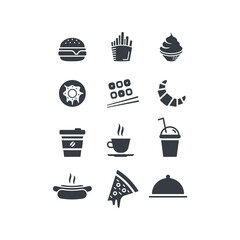 Food and drink icon set. Vector flat design web icons. Hamburger, hot dog, cup of coffee or tea, ice cream, French fries, donut, sushi, croissant, takeaway, slice of pizza and dish tray with cloche.