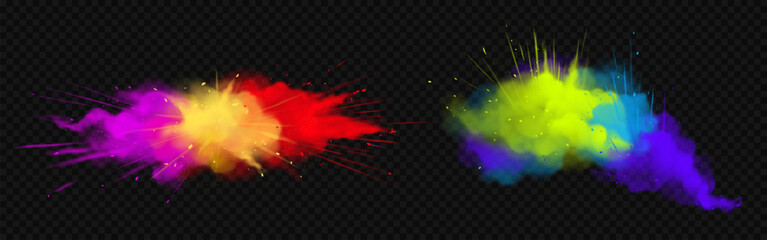 Powder Holi paints colorful clouds or explosions, ink splashes, decorative vibrant dye for festival isolated on transparent background, traditional indian holiday. Realistic 3d vector illustration