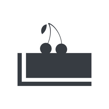 Vector Flat Design Black Piece Of Cake With Cherry On Top Icon. Dessert Food.