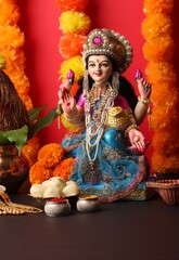 Lakshmi pujan - godess laxmi idol, Copper Kalash, coconut, saweets and haldi kumkum