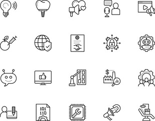 technology vector icon set such as: bulb, loudspeaker, production, inbound, social, machinery, dollar, chemistry, treatment, geography, comment, virtual, wi-fi, earth, set, talk, shield, nature