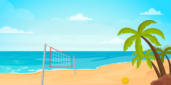 Illustration of beach volleyball, beautiful island and palms.