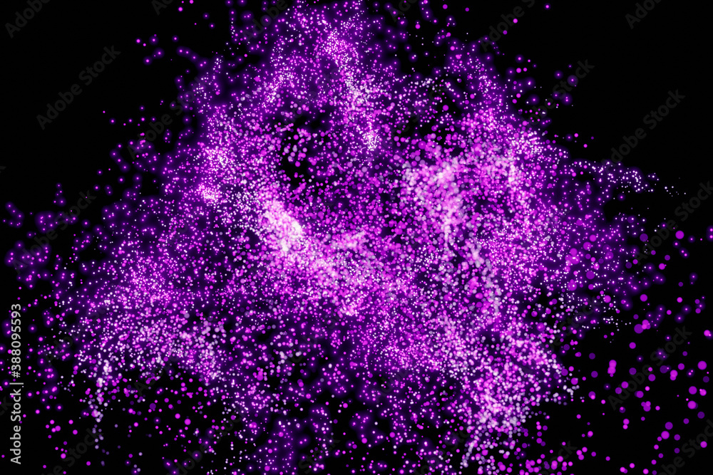 Wall mural neon pink exploding defocused particles on a black background 3d render