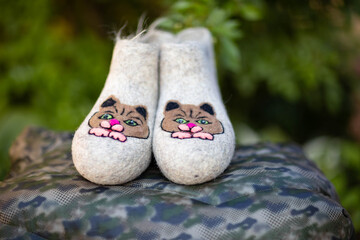 embroidered valenki on a background of garden flowers